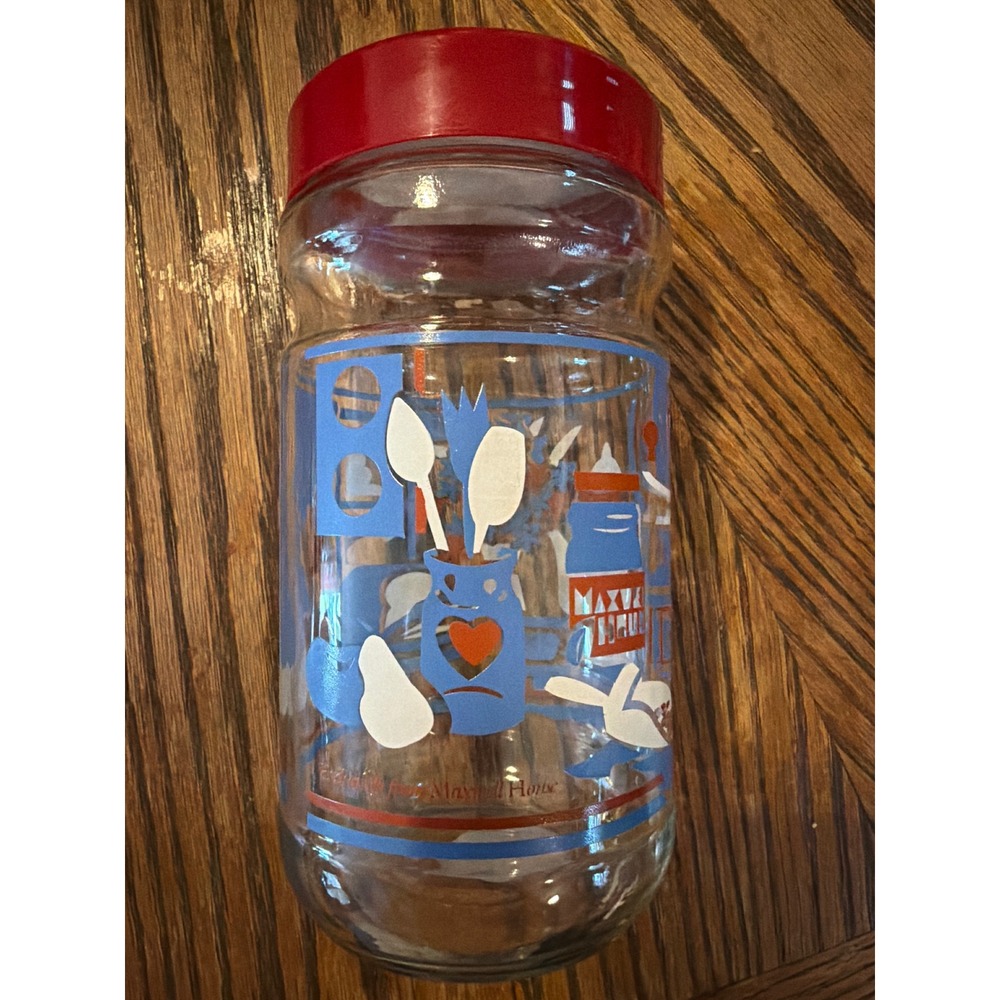 Vintage Maxwell House Glass Coffee Jar Red Lid Blue Kitchen Graphic Canister
